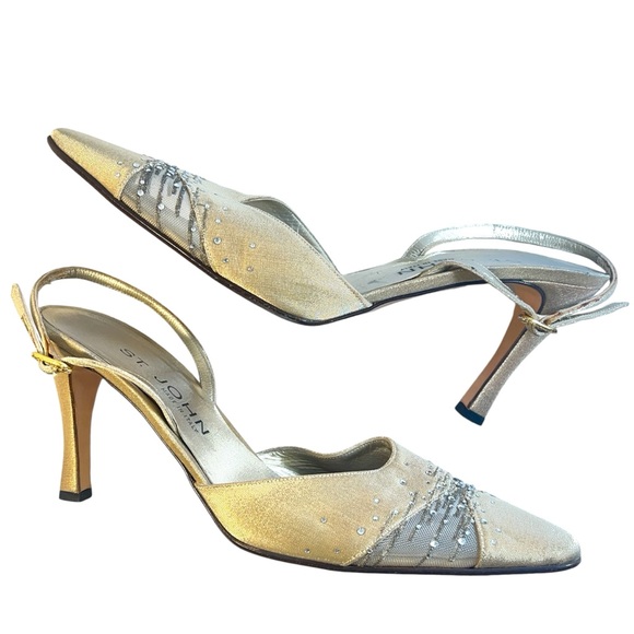 ST JOHN Beige Metallic Crystal Embellished Evening sling back Heels 8.5B - Picture 1 of 15